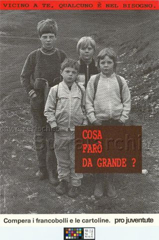 "Vicino a te, qualcuno è nel bisogno. Cosa farò da grande?", Vier Kinder mit Schulranzen, Briefmarkenverkauf der Pro Juventute, 1987
