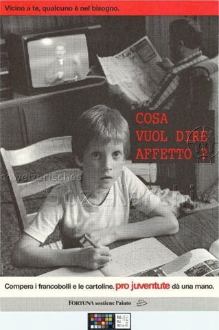 "Vicino a te, qualcuno è nel bisogno. Cosa vuol dire affetto?", Junge sitzt über seinem Schreibheft, Briefmarkenverkauf der Pro Juventute, 1987