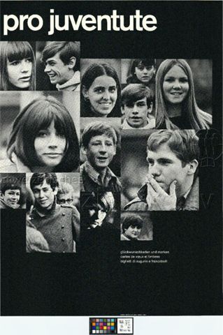 "Pro Juventute", Collage mit Fotos von Jugendlichen, Glückwunschkarten- und Briefmarkenverkauf, 1969