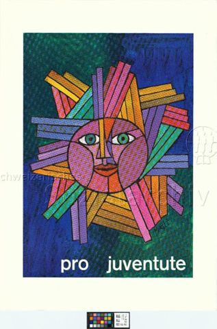 "Pro Juventute", gemalte, abstrakte Darstellung mit Kindergesicht, 1972