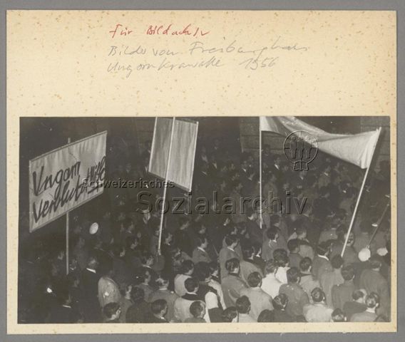 Grosse Gruppe Demonstrierende mit Schilder und Transparent während der Ungarnkrawalle in Zürich, 1956