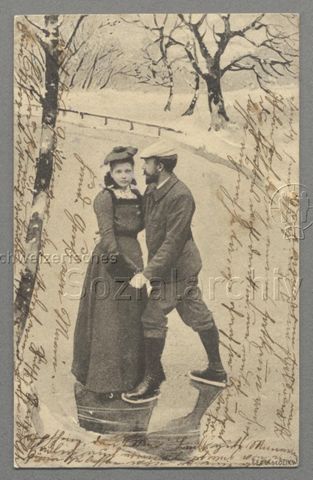 Frau und Mann auf einem gefrorenen Gewässer, 1902 (Poststempel)