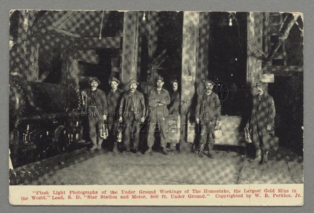 'Flash Light Photographs of the Under Ground Workings of The Homestake, the Largest Gold Mine in the World' Lead, S. D. [South Dakota] 'Star Station and Motor, 800 ft. Under Ground'
