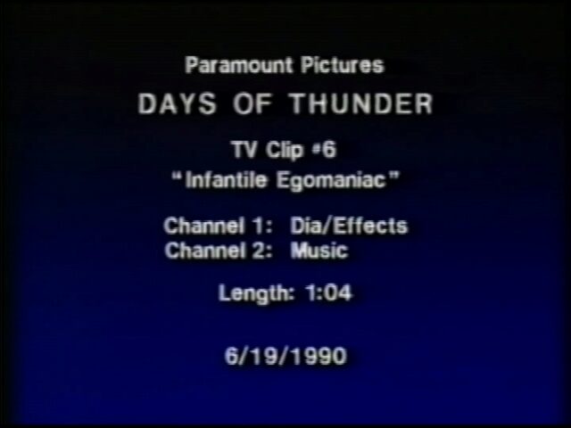 Days of Thunder. Tage des Donners. Spielfilm über NASCAR-Autorennen, TV Clip 6, Infantile Egomaniac