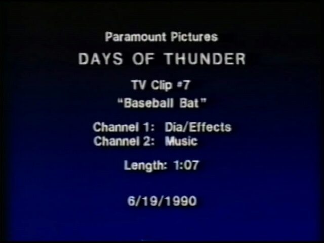 Days of Thunder. Tage des Donners. Spielfilm über NASCAR-Autorennen, TV Clip 7, Baseball Bat